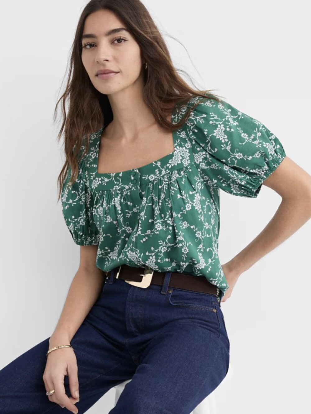 LOFT Bouquet Puff Sleeve Square Neck Blouse L